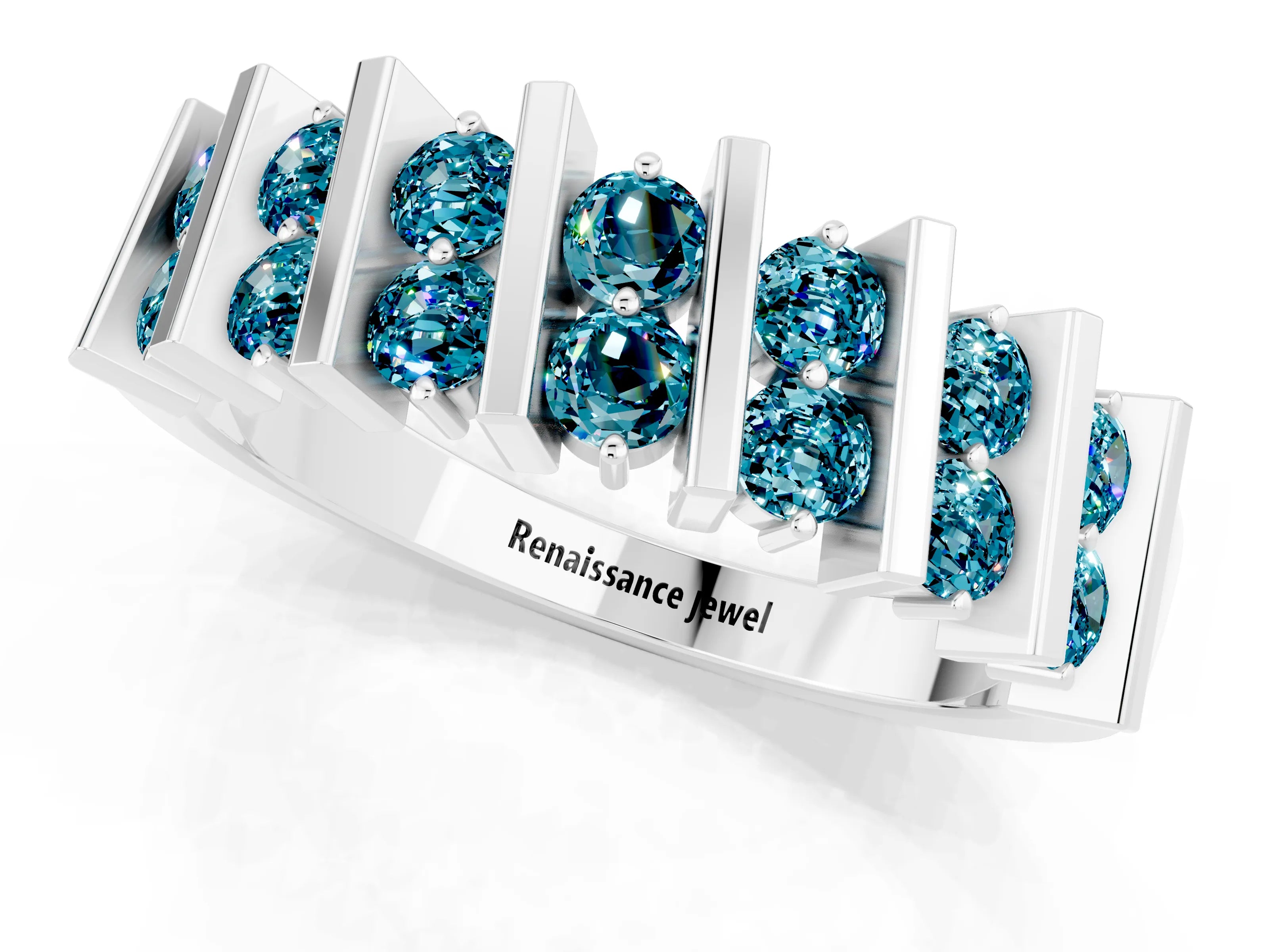 White gold Channel Set Round Blue Topaz Anniversary Band with Vertical Prongs_7