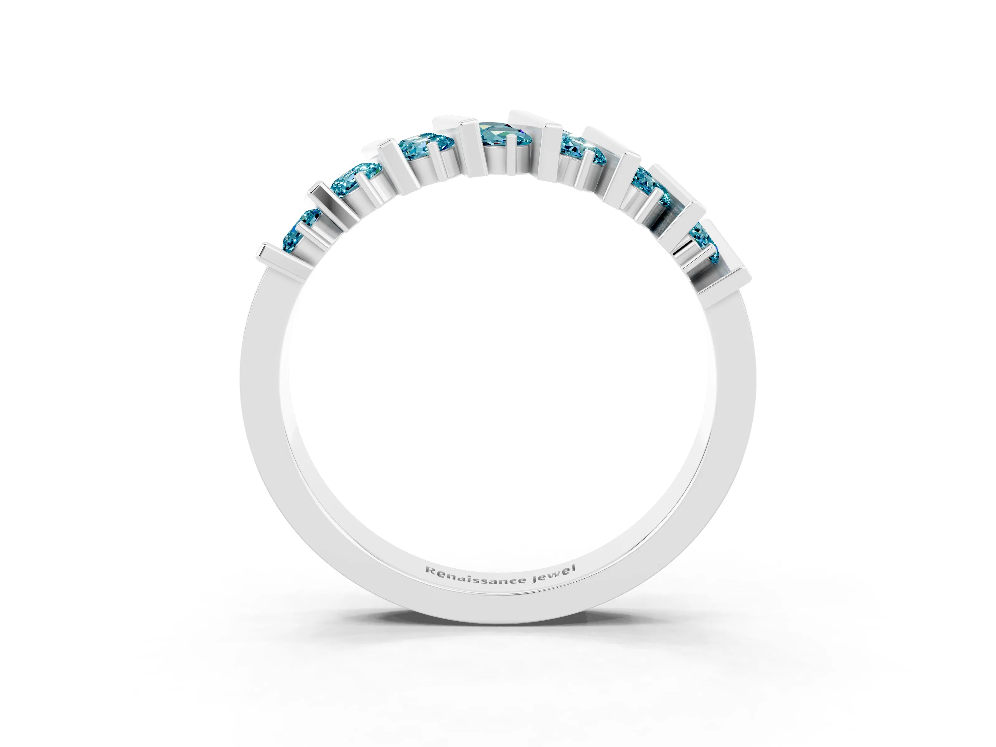 White gold Channel Set Round Blue Topaz Anniversary Band with Vertical Prongs_9