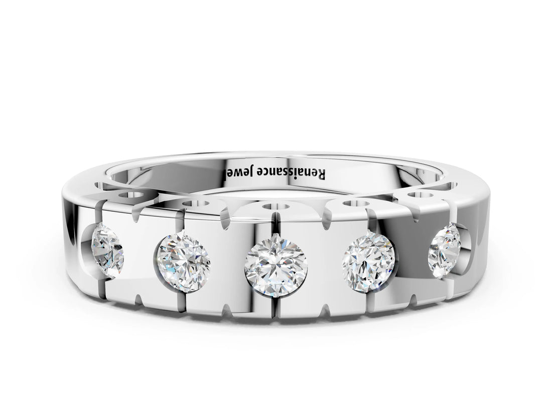 White gold Channel Set Round Diamond Flat Band with Prong Setting_12