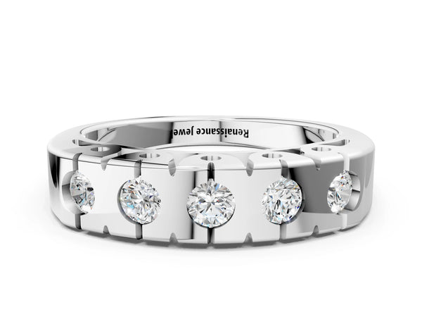 Silver Channel Set Round Diamond Flat Band with Prong Setting