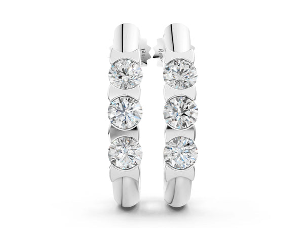 White gold Channel Set Round Diamond Hoop Earrings with Claw Prong Setting