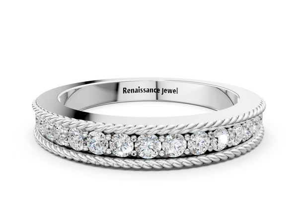 Silver Channel Set Round Diamond Milgrain Edge Band