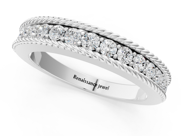 Silver Channel Set Round Diamond Milgrain Edge Band