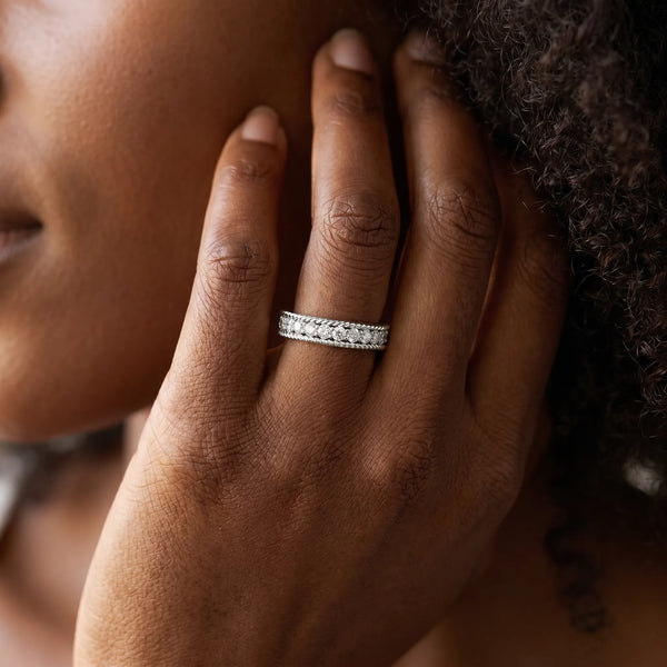 White gold Channel Set Round Diamond Milgrain Edge Band
