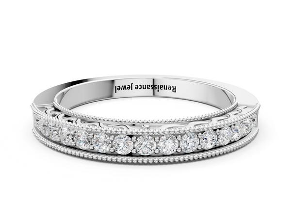 Silver Channel Set Round Diamond Milgrain Edge Eternity Band