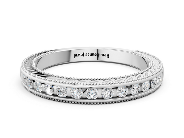 Platinum Channel Set Round Diamond Milgrain Edge Wedding Band