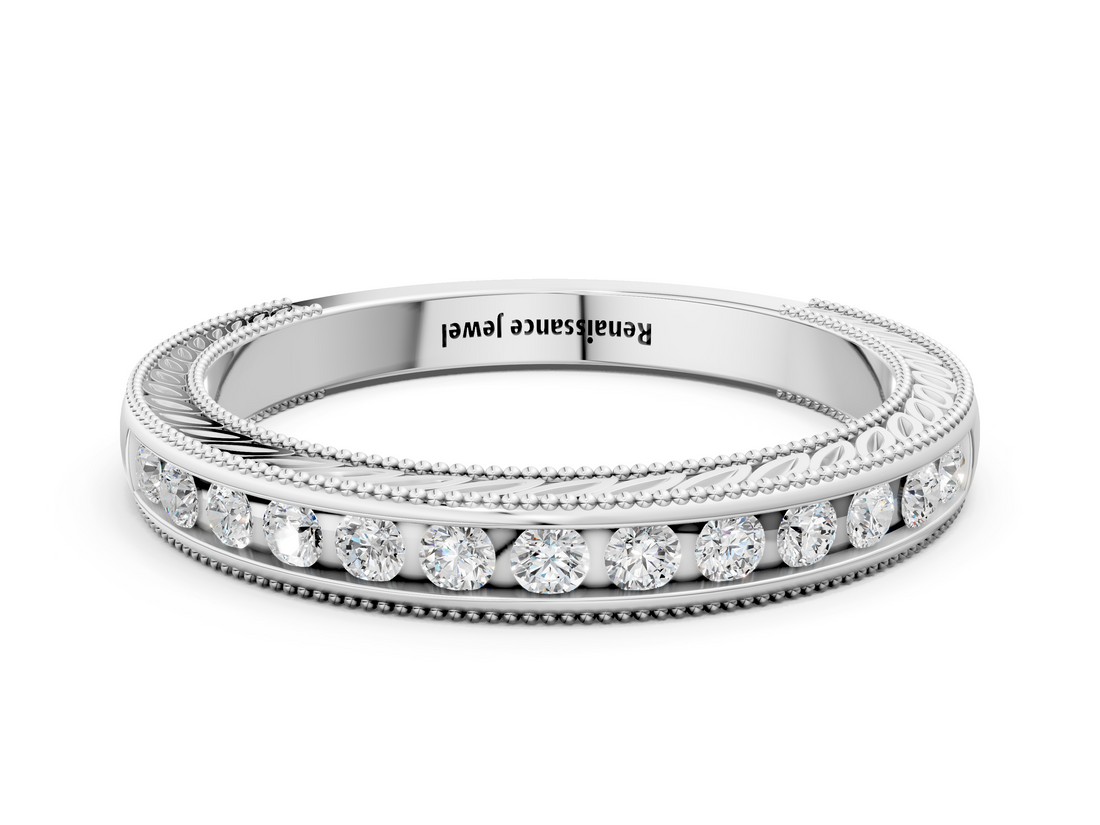 White gold Channel Set Round Diamond Milgrain Edge Wedding Band_12