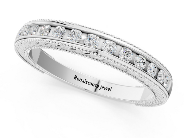 Platinum Channel Set Round Diamond Milgrain Edge Wedding Band