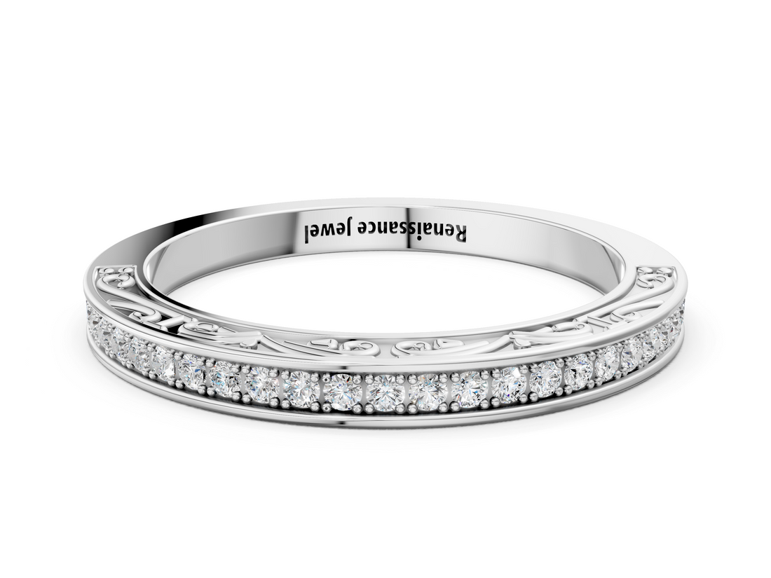 White gold Channel Set Round Diamond Milgrain Engraved Band_12