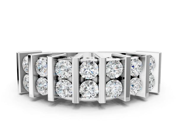 Platinum Channel Set Round Diamond Step Band with Bar Prong Setting