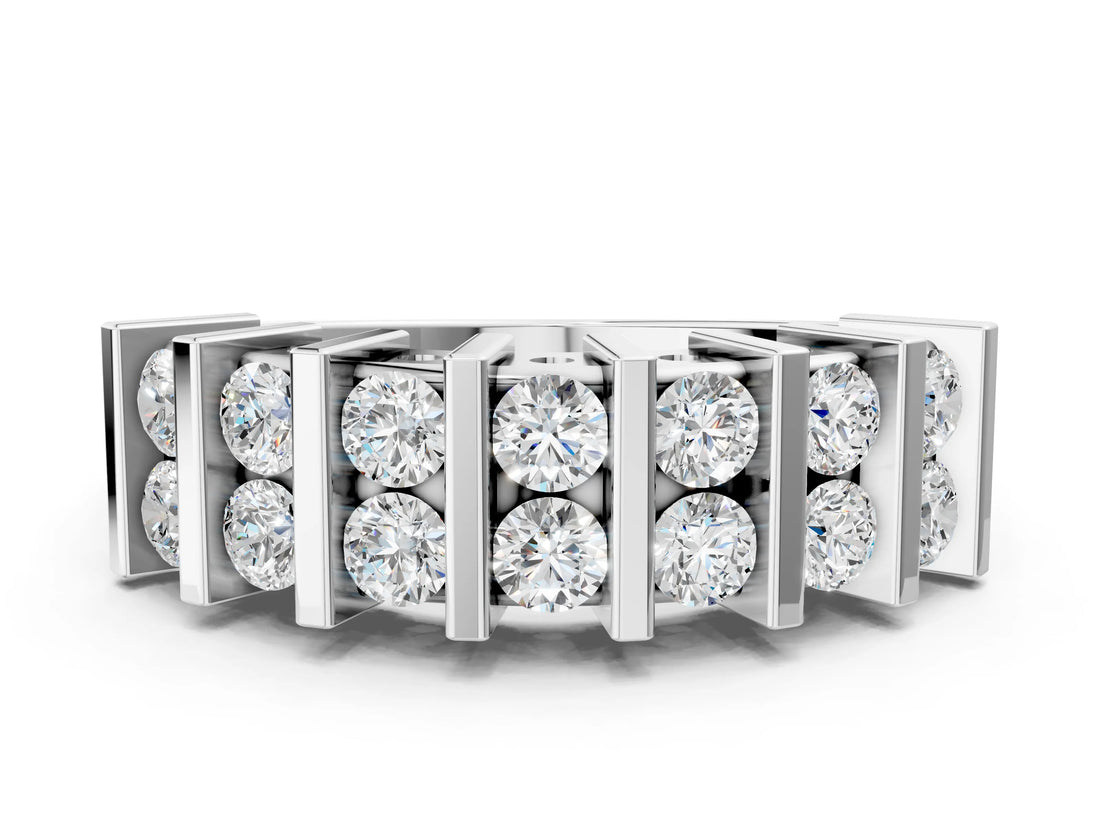 White gold Channel Set Round Diamond Step Band with Bar Prong Setting_12