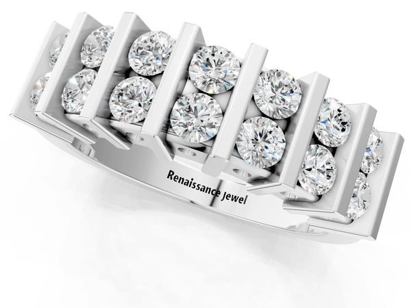 Platinum Channel Set Round Diamond Step Band with Bar Prong Setting
