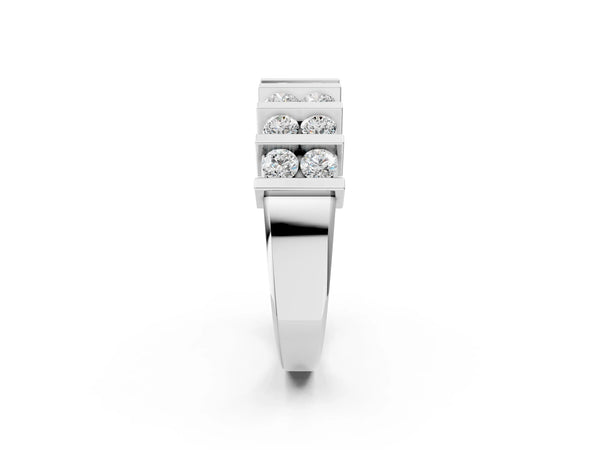 Silver Channel Set Round Diamond Step Band with Bar Prong Setting