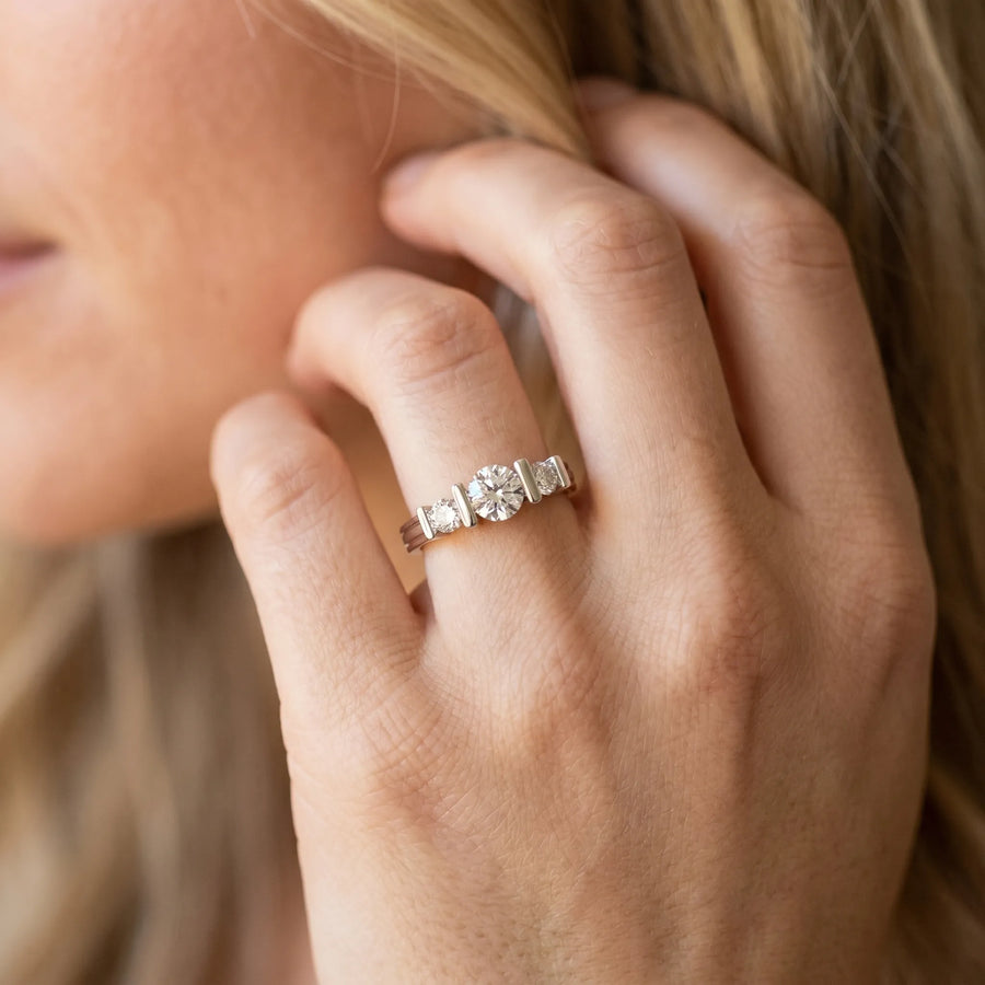White gold Channel Set Round Diamond Trio Bar Prong Ring