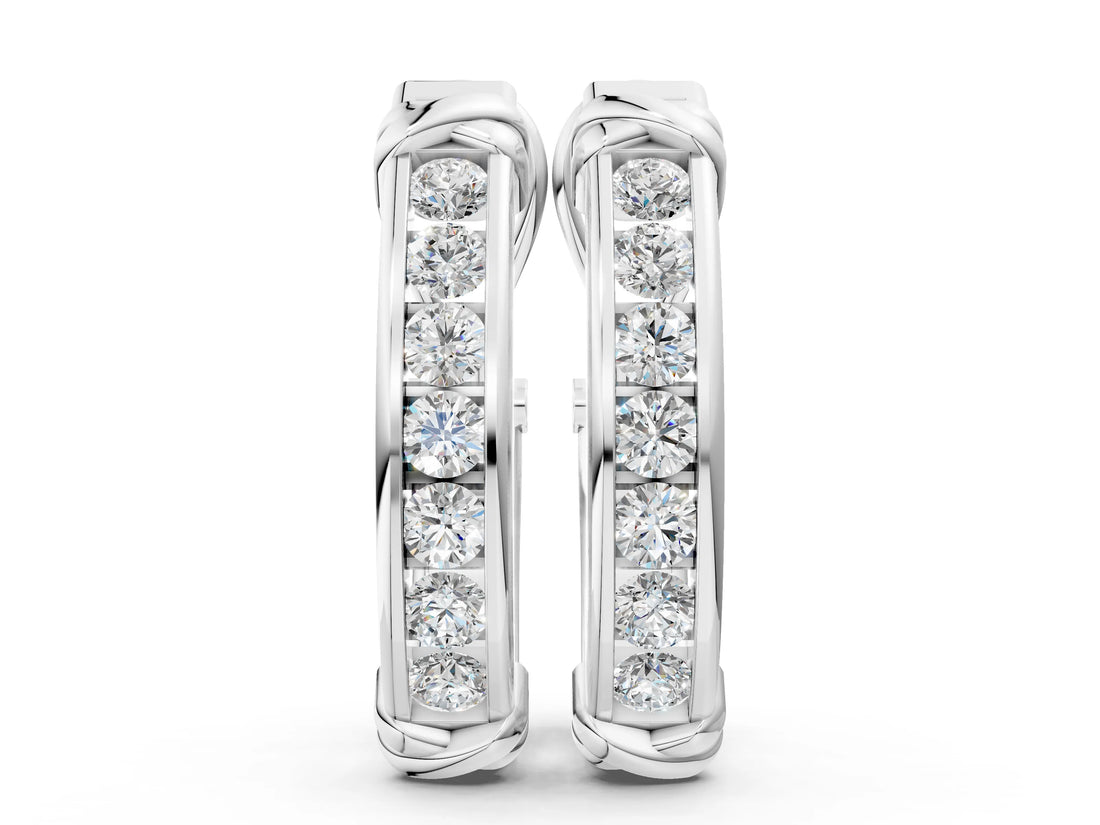 Silver 3.20 Carat E VS Channel-Set Round Diamond Two-Tone Hoop Earrings with Claw Prong Setting