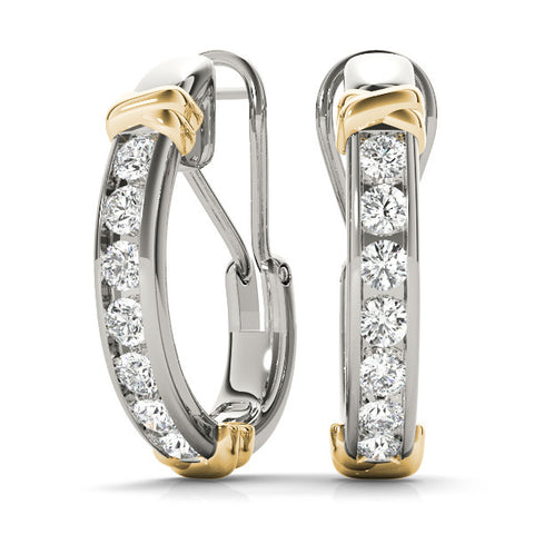 White gold Channel-Set Round Diamond Two-Tone Hoop Earrings with Claw Prong Setting