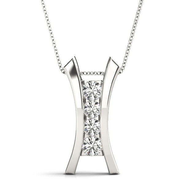 Silver Channel Set Round Diamond V-Prong Pendant