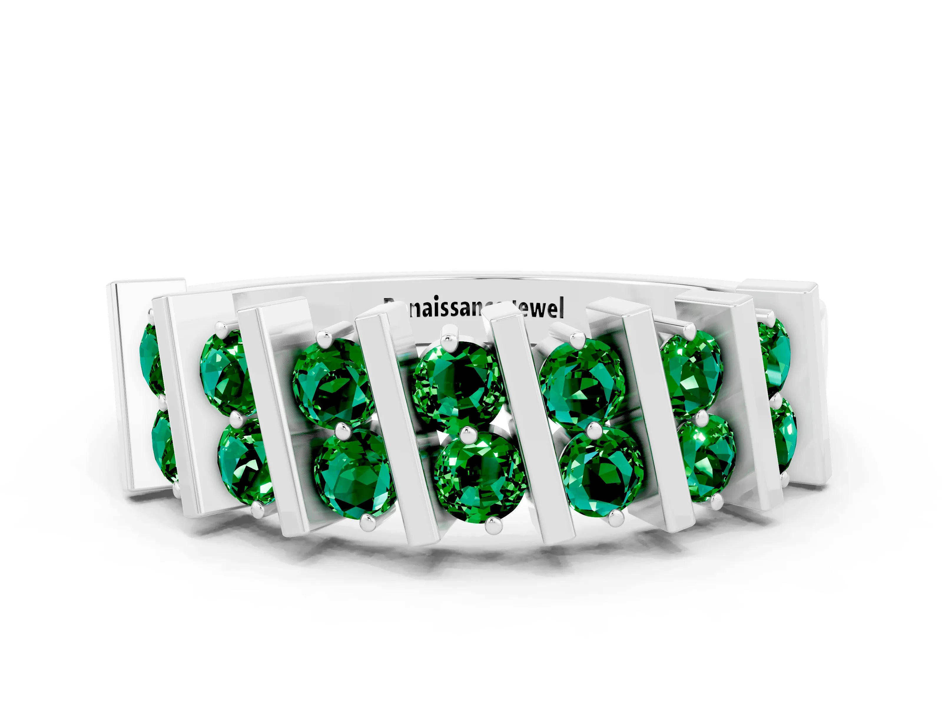 White gold Channel Set Round Emerald Anniversary Band with Vertical Prongs_6
