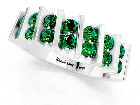 White gold Channel Set Round Emerald Anniversary Band with Vertical Prongs_7