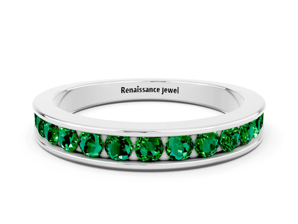 Sterling Silver Round Lab-Grown Emerald Channel Set Half Eternity Band with Plain Walls