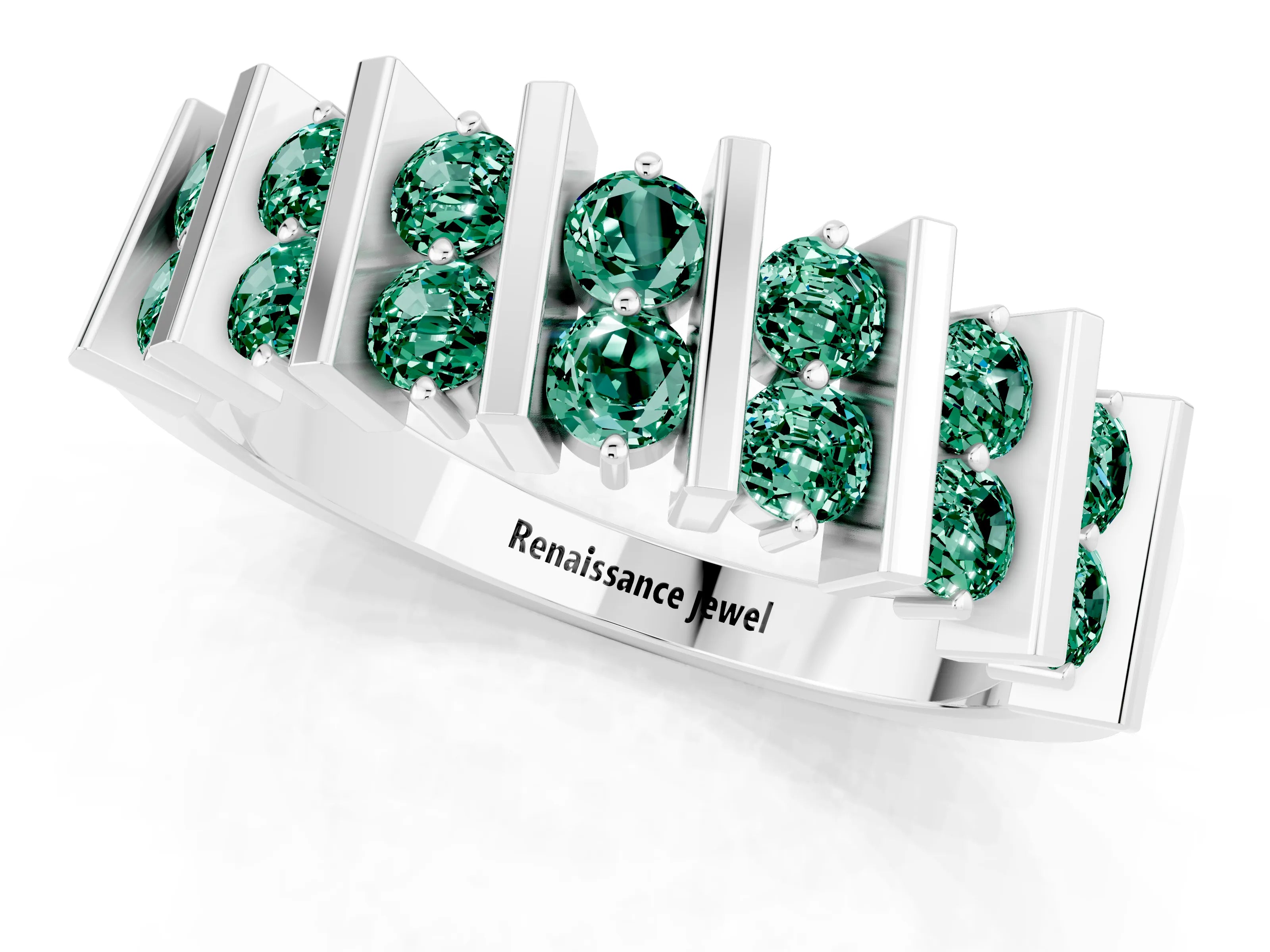 White gold Channel Set Round Green Sapphire Anniversary Band with Vertical Prongs_7