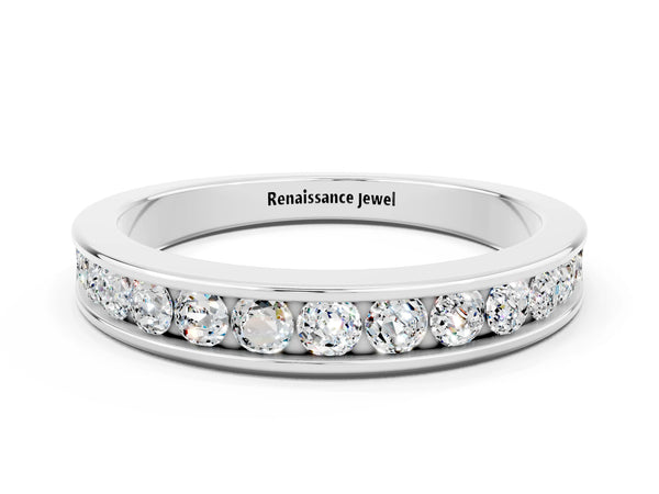 Sterling Silver Round Moissanite Channel Set Half Eternity Band with Plain Walls