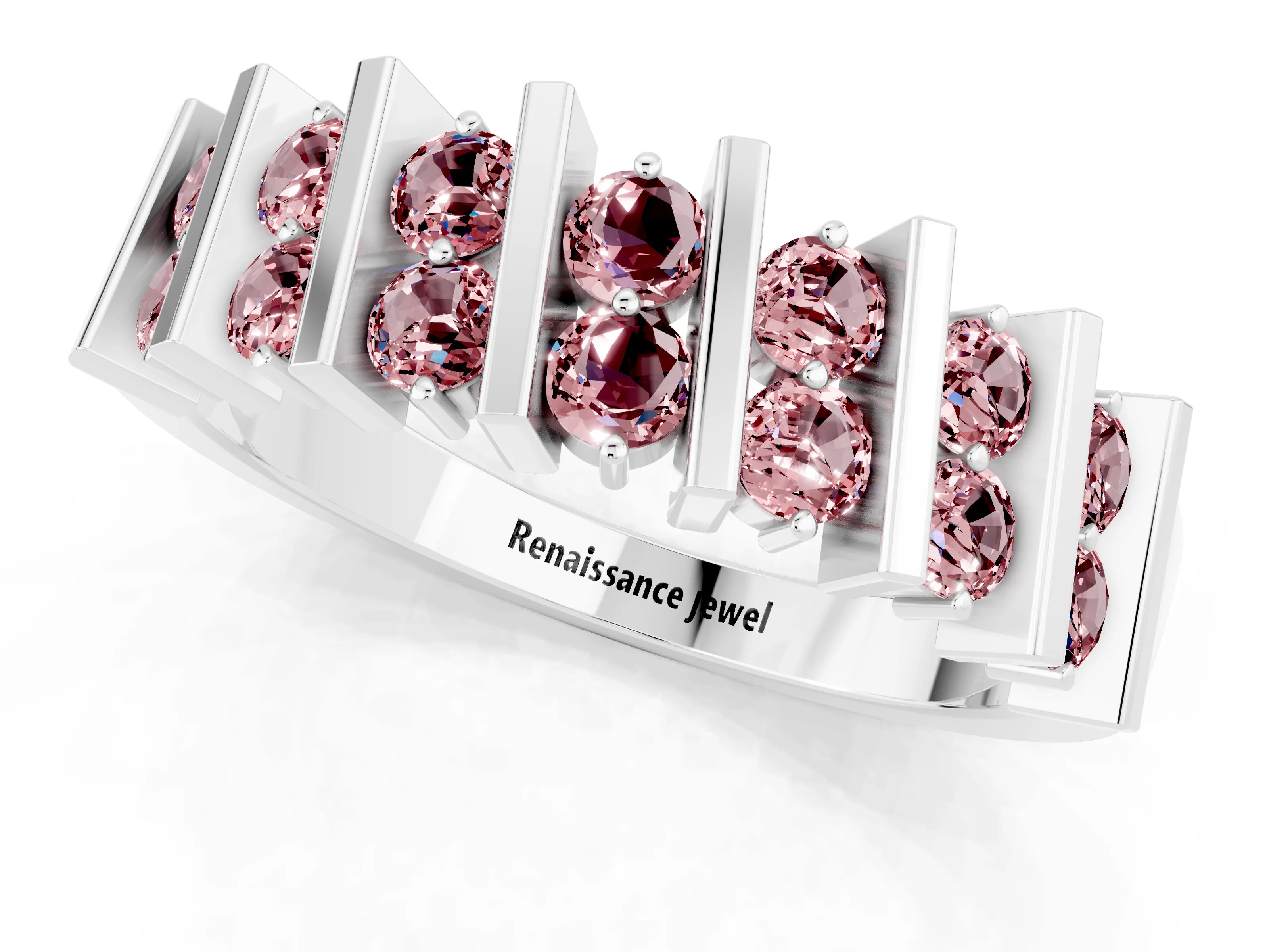 White gold Channel Set Round Morganite Anniversary Band with Vertical Prongs_7