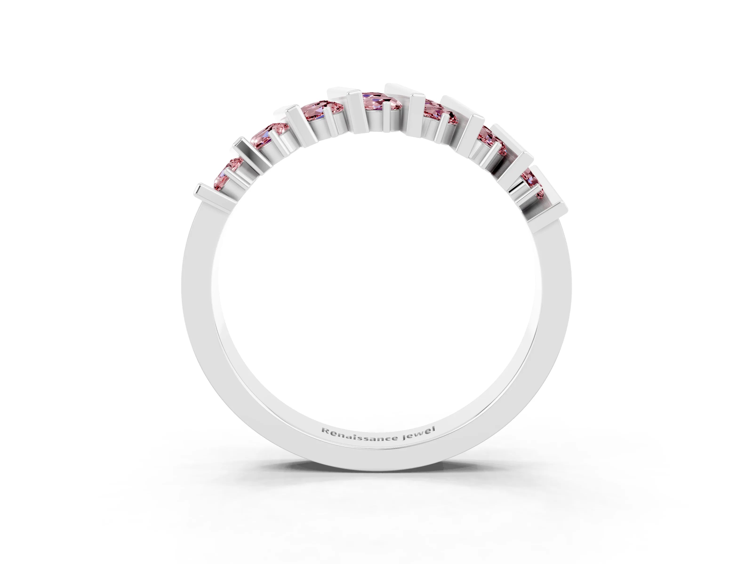 White gold Channel Set Round Morganite Anniversary Band with Vertical Prongs_9