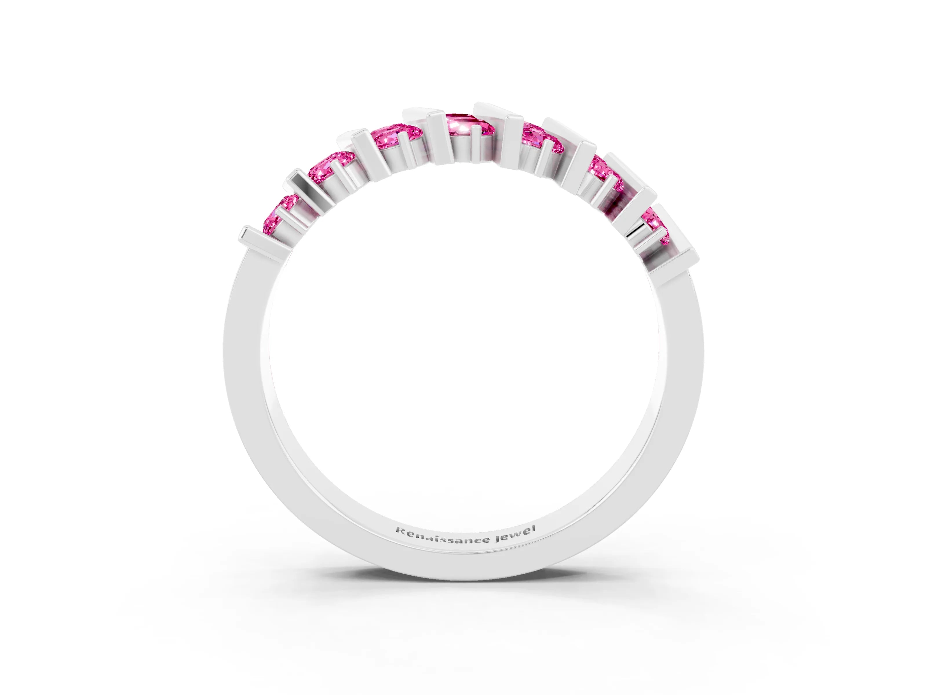 White gold Channel Set Round Pink Sapphire Anniversary Band with Vertical Prongs_9