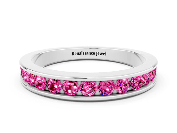 White Gold Round Lab-Grown Pink Sapphire Channel Set Half Eternity Band with Plain Walls