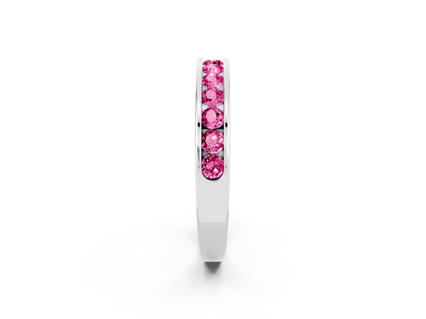 White Gold Round Lab-Grown Pink Sapphire Channel Set Half Eternity Band with Plain Walls