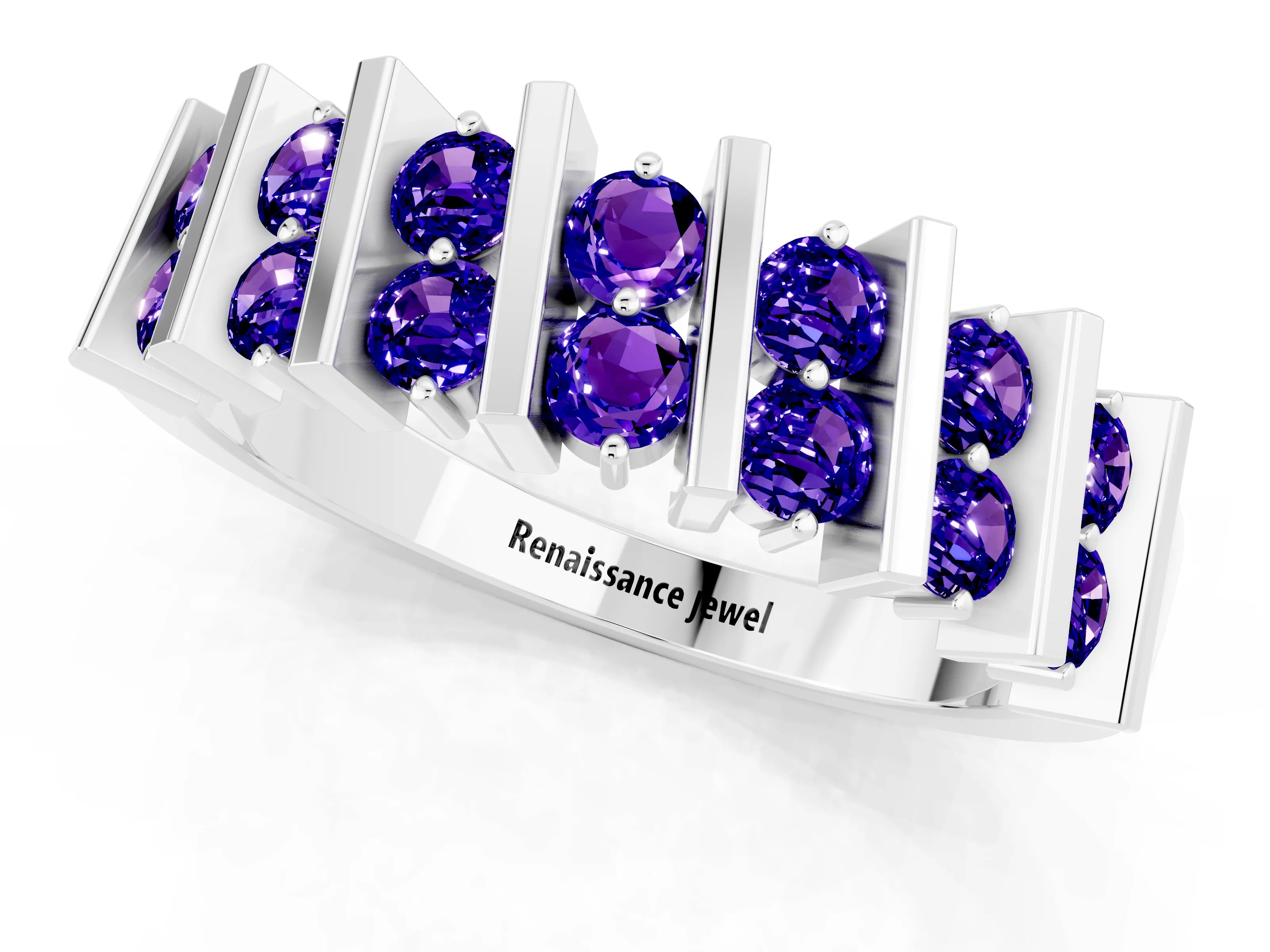 White gold Channel Set Round Tanzanite Anniversary Band with Vertical Prongs_7