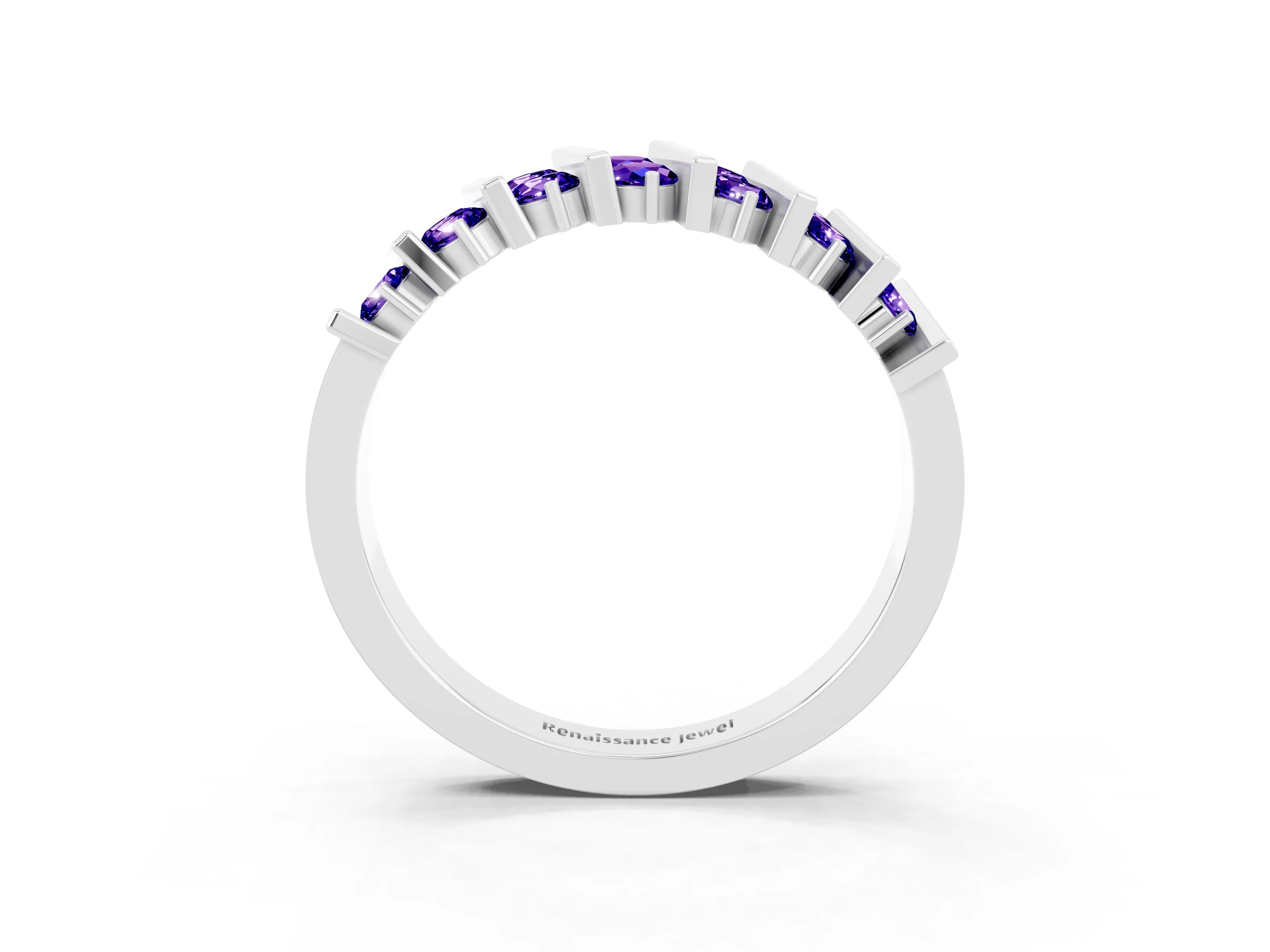 White gold Channel Set Round Tanzanite Anniversary Band with Vertical Prongs_9
