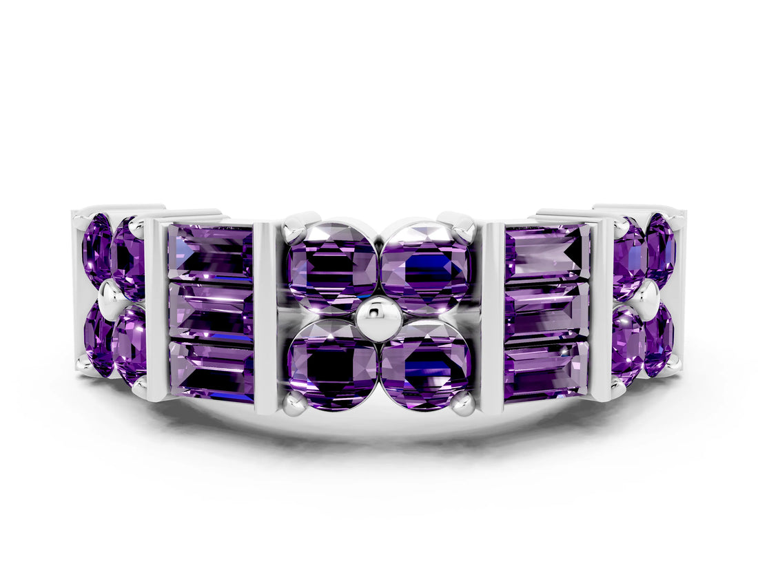 White gold Channel Set Round and Baguette Amethyst Anniversary Band with Prong Setting_18