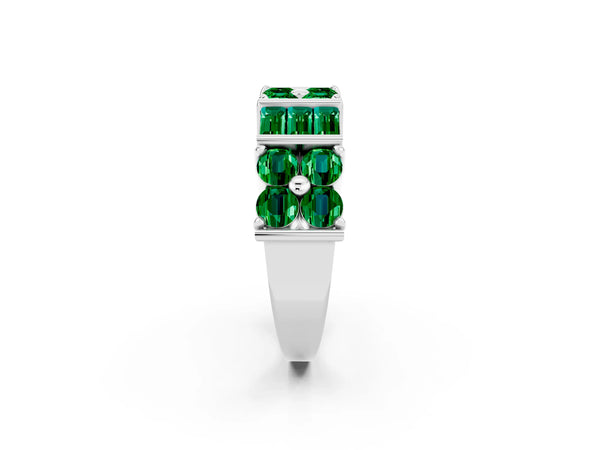 Platinum Round and Baguette Lab-Grown Emerald Cluster and Channel Set Anniversary Band