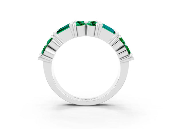 Platinum Round and Baguette Lab-Grown Emerald Cluster and Channel Set Anniversary Band