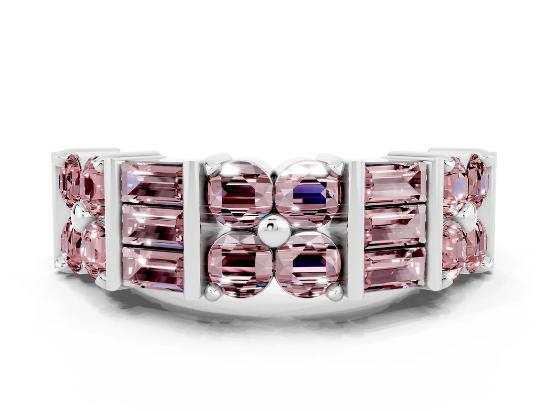White gold Channel Set Round and Baguette Morganite Anniversary Band with Prong Setting_18