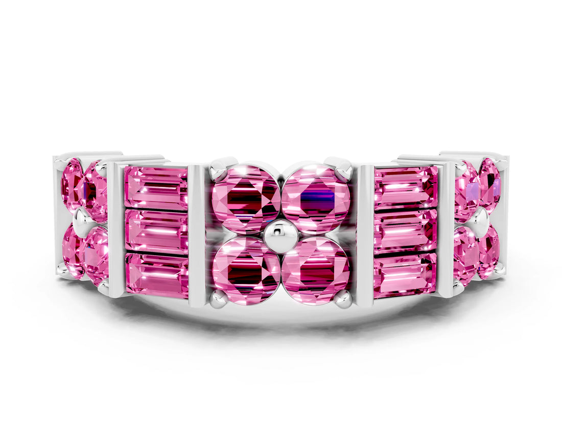 White gold Channel Set Round and Baguette Pink Sapphire Anniversary Band with Prong Setting_30