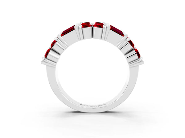White Gold Round and Baguette Lab-Grown Ruby Cluster and Channel Set Anniversary Band