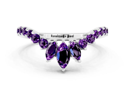 White gold Chevron Marquise and Round Amethyst Open Band with Prong Setting_6