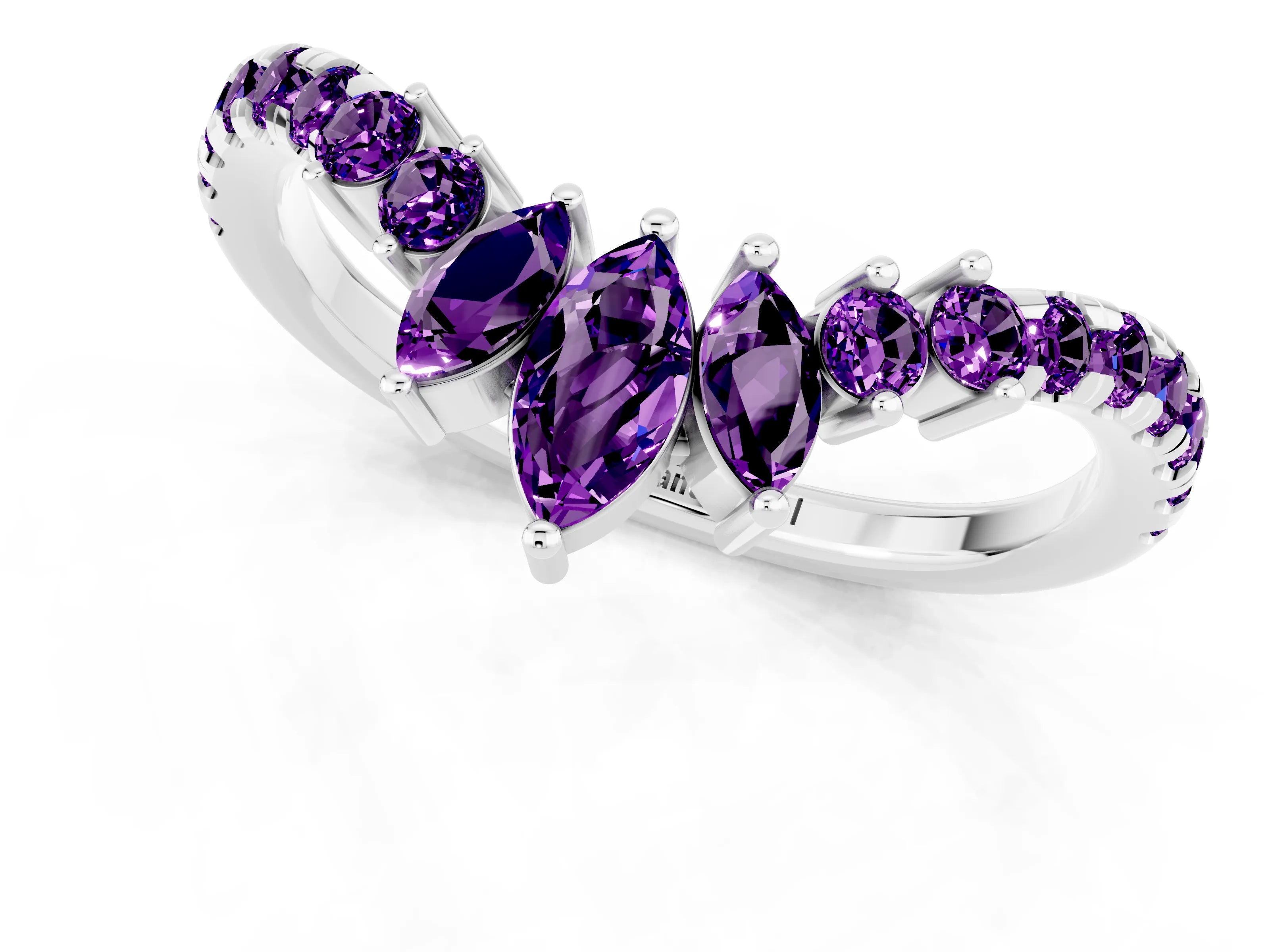 White gold Chevron Marquise and Round Amethyst Open Band with Prong Setting_7