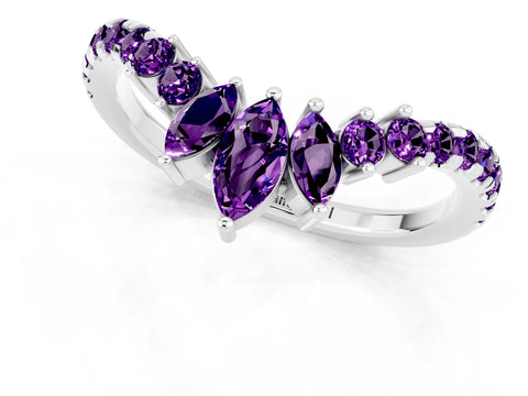 White gold Chevron Marquise and Round Amethyst Open Band with Prong Setting_7