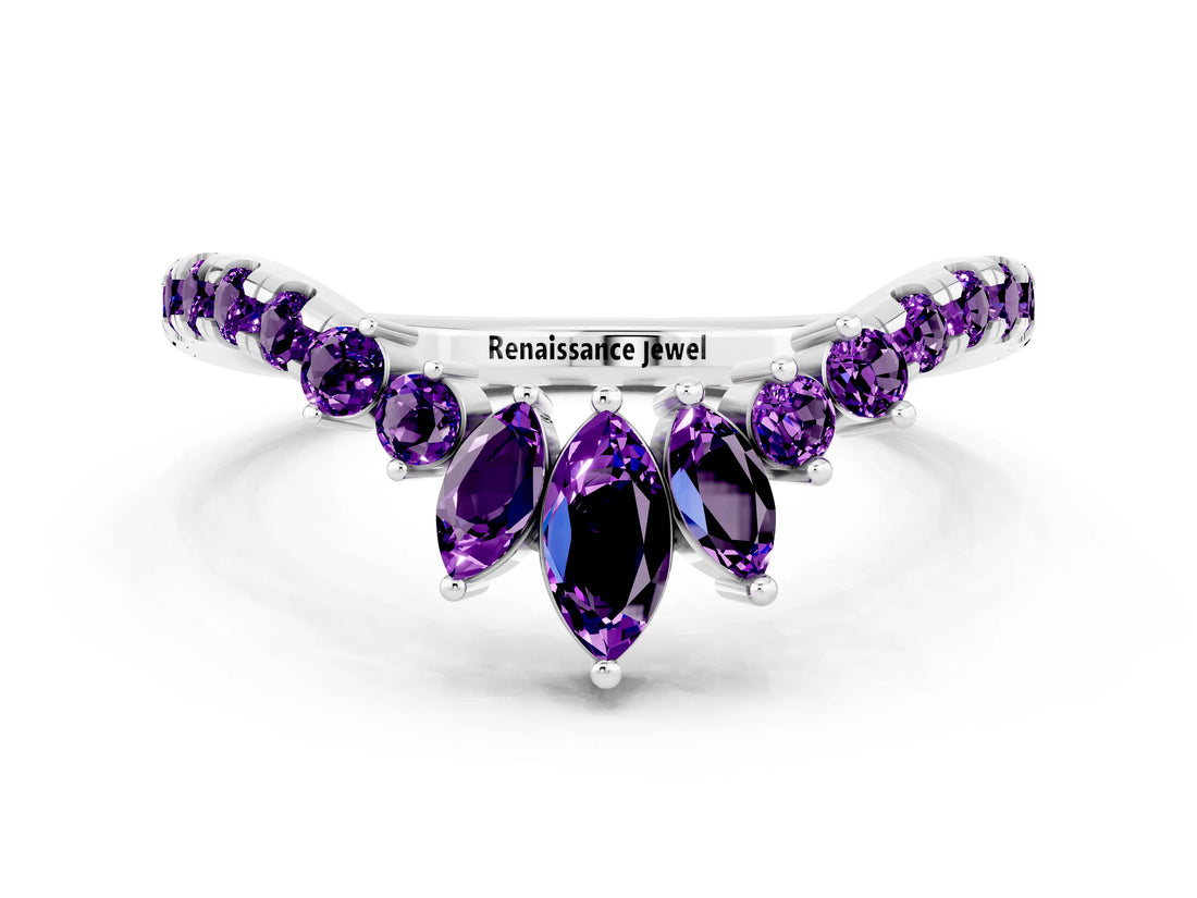 White gold Chevron Marquise and Round Amethyst Open Band with Prong Setting_9