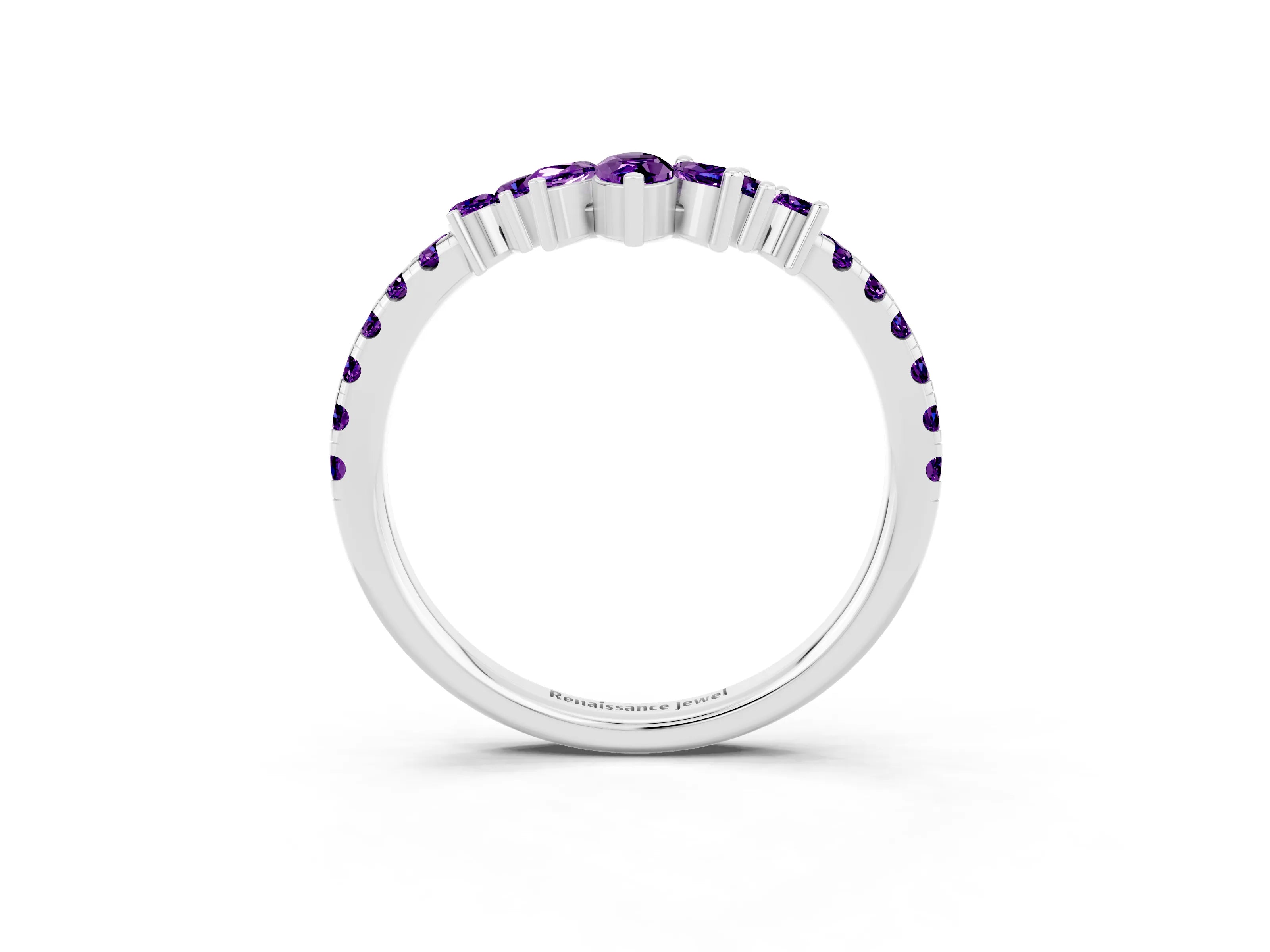 White gold Chevron Marquise and Round Amethyst Open Band with Prong Setting_9