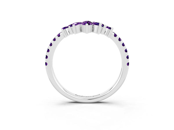 White Gold Marquise and Round Amethyst Chevron Wedding Band with Marquise Crown