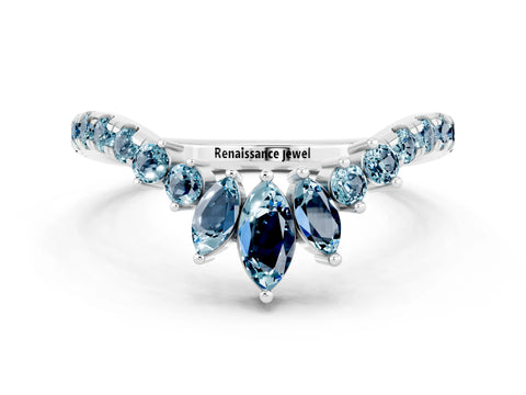 White gold Chevron Marquise and Round Aquamarine Open Band with Prong Setting_6