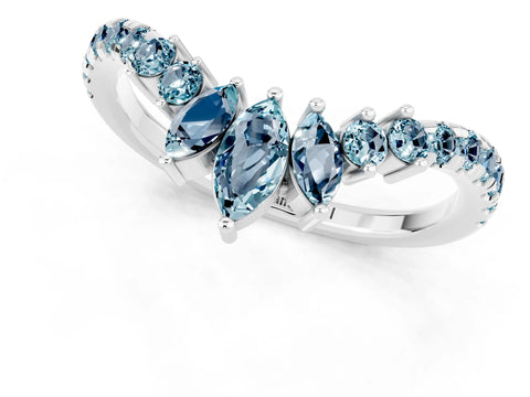 White gold Chevron Marquise and Round Aquamarine Open Band with Prong Setting_7