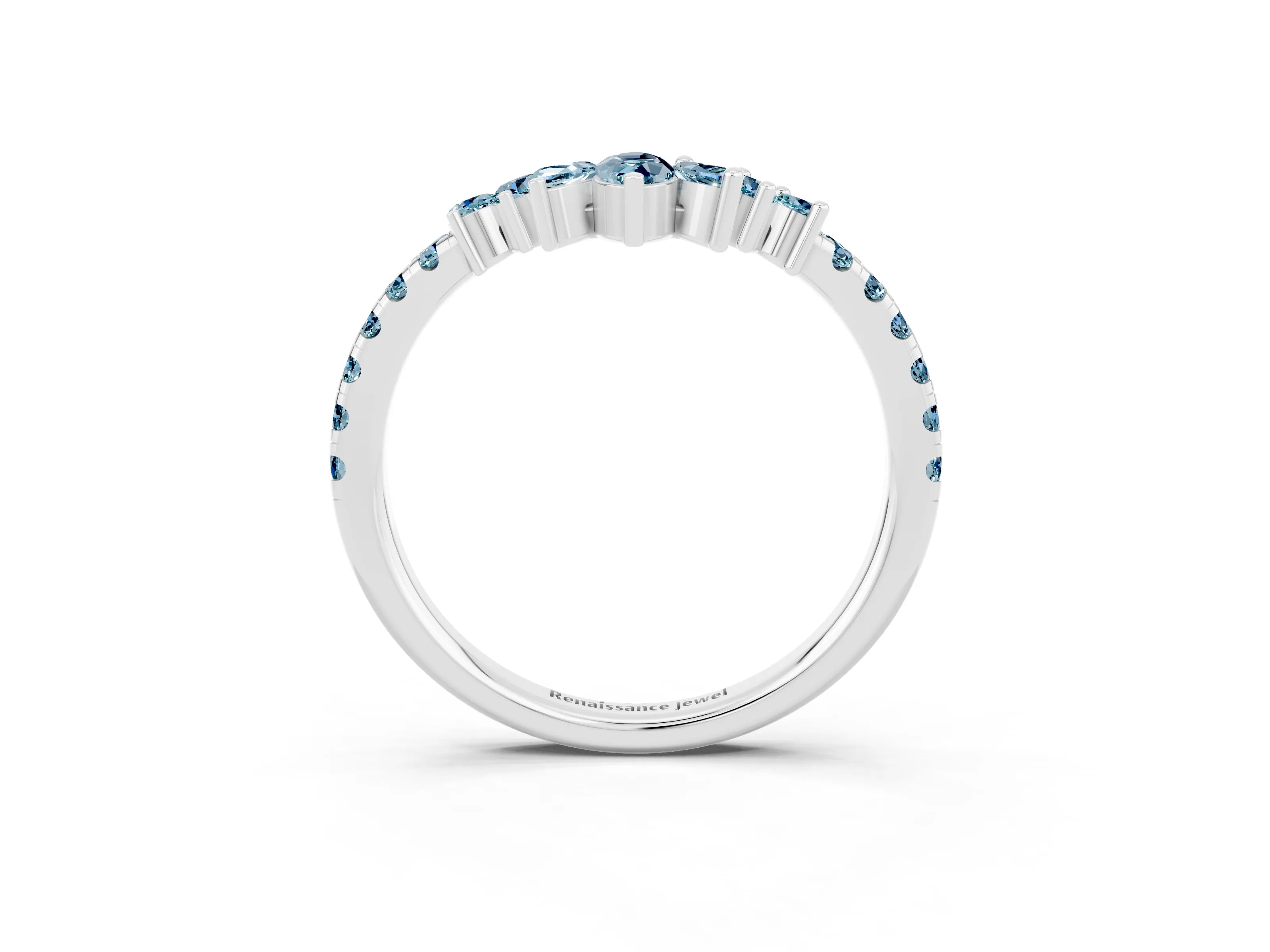 White gold Chevron Marquise and Round Aquamarine Open Band with Prong Setting_9