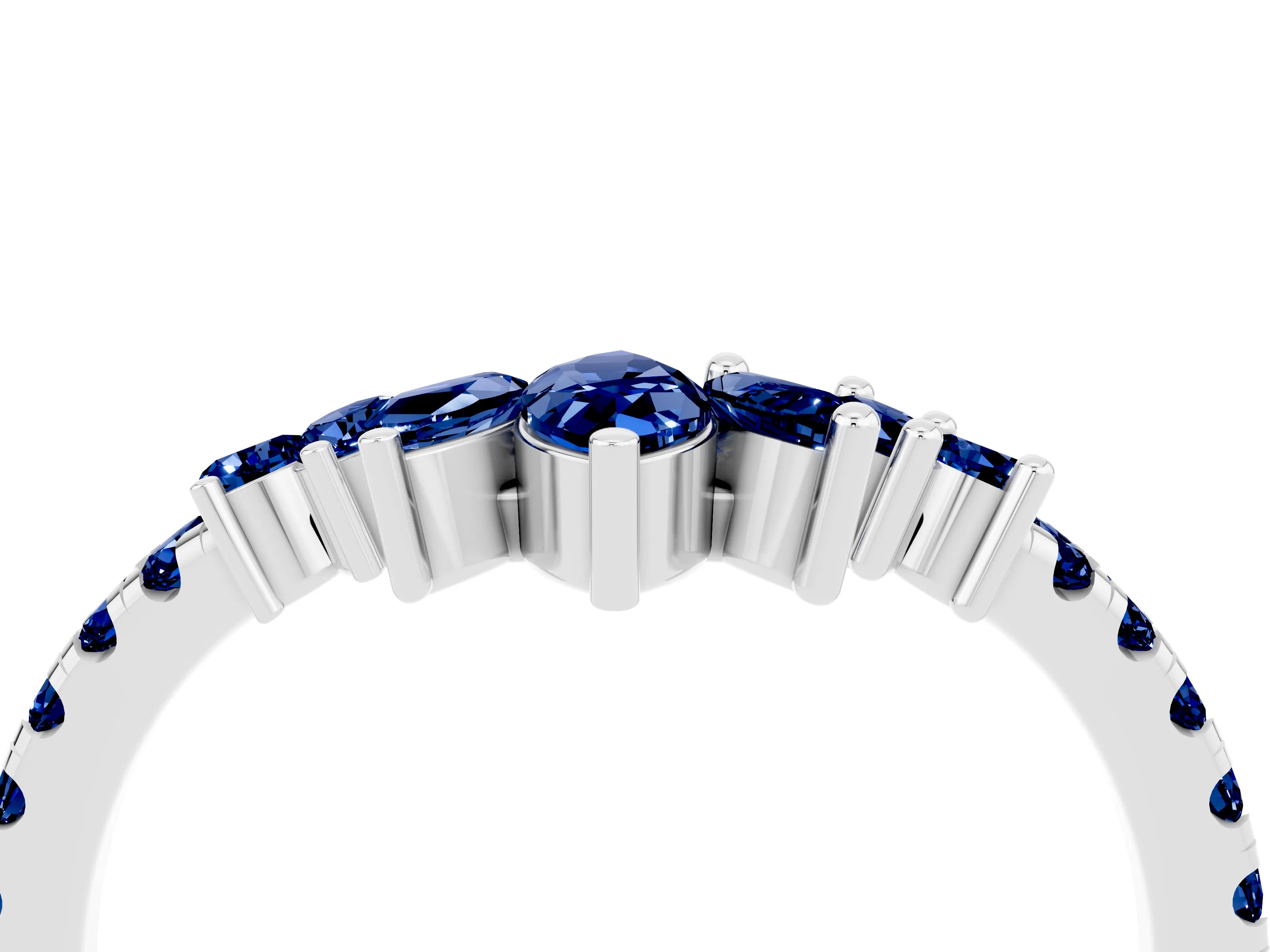 White gold Chevron Marquise and Round Blue Sapphire Open Band with Prong Setting_10