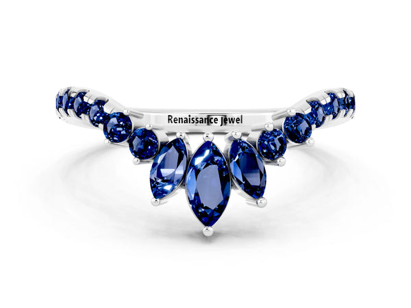 White Gold Marquise and Round Lab-Grown Blue Sapphire Chevron Wedding Band with Marquise Crown